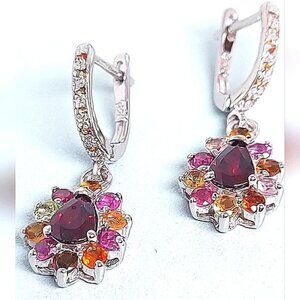 Natural Rhodolite Garnet, Tourmaline Gemstones 925 Sterling Silver Earrings‎